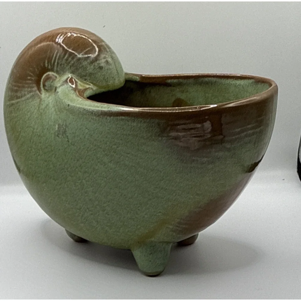 Green & Brown Nautilus Shell Ceramic Art Pottery Bowl, Glossy, 3 Feet, S3